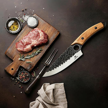 Japanese Chef Knife, Kaloo High Carbon Steel Hand Forged Butcher Viking Cleaver Kitchen Knife for Cooking, Chopping, Home and BBQ