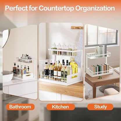VUSIGN Under Sink Organizer, 2 Tier Pull Out Bathroom Cabinet Organizer, Under Kitchen Sink Organizers and Storage, Under Sink Shelf,2 Pack, White