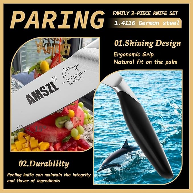 Paring Knife Set 2, German Steel, Full Tang, Dishwasher Safe | German 1.4116 steel, 15° ultra-sharp edge,ideal for peeling, slicing and garnishing fruits and vegetables (3.5"+5")