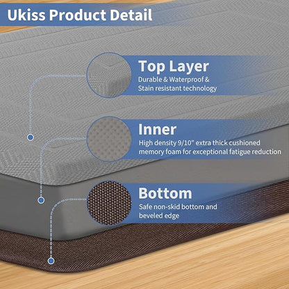 UKISS 9/10"" Extra Thick Cushioned Anti Fatigue Kitchen Mat, Waterproof High Density Foam Standing Desk Mat, Non-Slip Ergonomic Comfort Mat for Kitchen, Office,Workstation Black (Grey, 20" X 48")