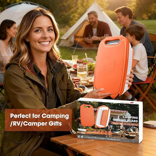 Gintan Camping Cutting Board, 9-in-1 Collapsible Chopping Board with Colander, Kitchen Vegetable Washing Basket for Camping, Camping Gifts Camping Accessories for RV Campers (orange)