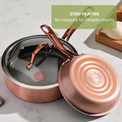 T-Fal Preserve Ceramic Nonstick Saute Pan with Lid 5.5 Qt, Oven and Broiler Safe up to 350°F Cookware, Frying Pan, Stay-Cool Handle, Skillet Pots and Pans, Rose Gold