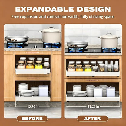 2 Pack Pull Out Cabinet Organizer Expandable,Adjustable 12-21 Inch Width Slide Out Drawer Shelves,Painted Carbon Steel with Heightening Pad,No Drill,for Kitchen/Bathroom/Pantry/Under Sink/Laundry Room
