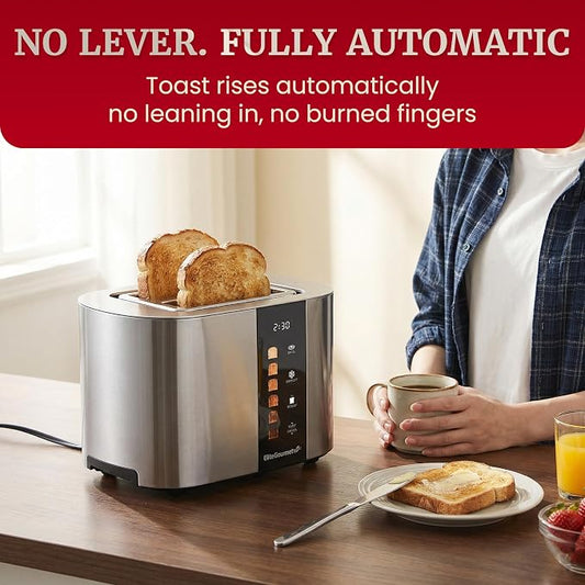 Elite Gourmet ECT2470 2-Slice Automatic Motorized Toaster, No-Lever Digital Touchscreen, Extra-Wide Slots, 6 Browning Levels, Bagel/Defrost/Reheat, Stainless Steel