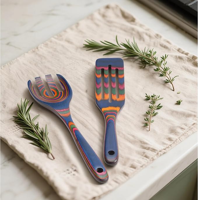 6-Piece Pakkawood Kitchen Utensils | Heat Resistant Wood Kitchen Utensils | Pakkawood Kitchen Cooking Utensil Set | Wooden Spoons for Cooking | Non-Sitck Cooking Spoons | Sapphire