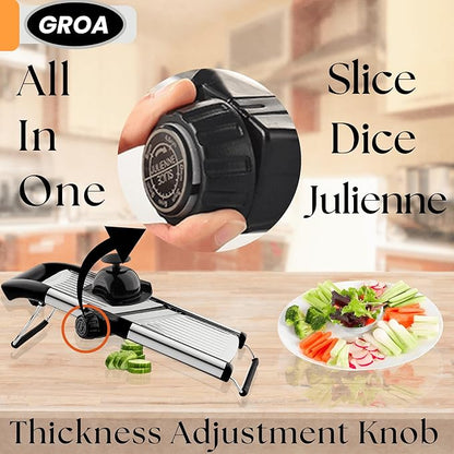 Groa Adjustable Mandoline Slicer for Kitchen– French Fry Cutter, Potato Slicer Vegetable Slicer Tomato Slicer in Kitchen Essentials with Resistant Gloves- Stainless Steel Mandolin vegetable cutter