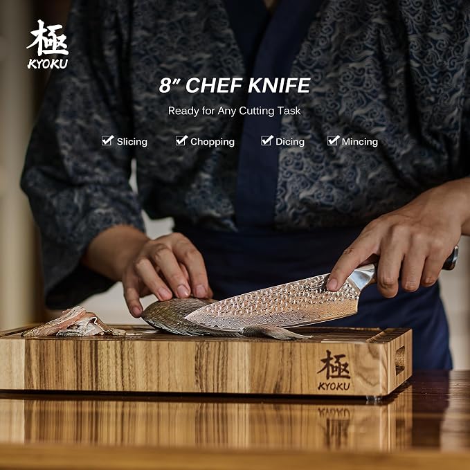 KYOKU Chef Knife - 8"- Shogun Series Japanese Style VG10 Steel Core Hammered Damascus Blade Kitchen Knife - with Sheath & Case