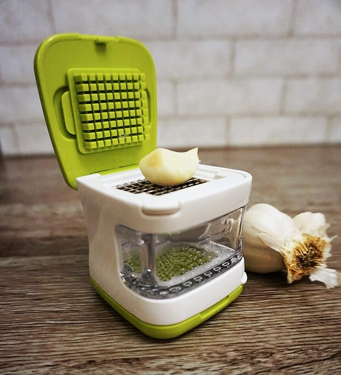RSVP International Garlic Clove Cube Press Tool, Green/White | BPA-Free Plastic with Stainless Steel Blades | Minces & Slices | Chop, Crush, or Dice Garlic & Herbs | Dishwasher Safe
