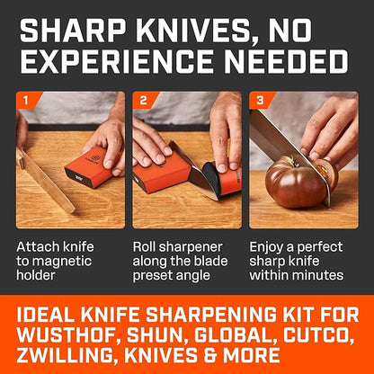 TUMBLER Pro Rolling Knife Sharpener™ - Knife Sharpening Made Easy - Rolling Knife Sharpening Kit with Removable Disc System - Includes 4-Layer Diamond Sharpening Disc & EdgeBoost Ceramic Disc (Orange)
