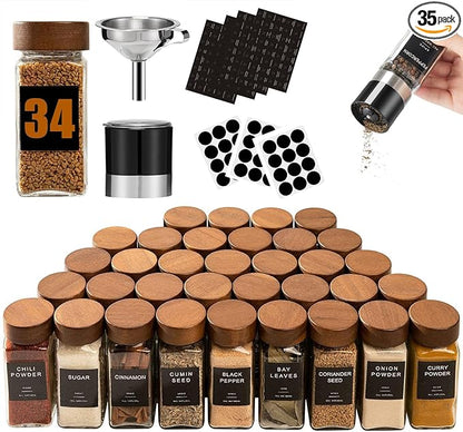 Yangbaga Glass Spice Containers for Kitchen: 34p 4oz Durable Glass Dishwasher Safe Jars for Cooking Enthusiasts- Airtight Acacia lid 500X Open-Close no Loose - Gift/Daily Use for Housewives