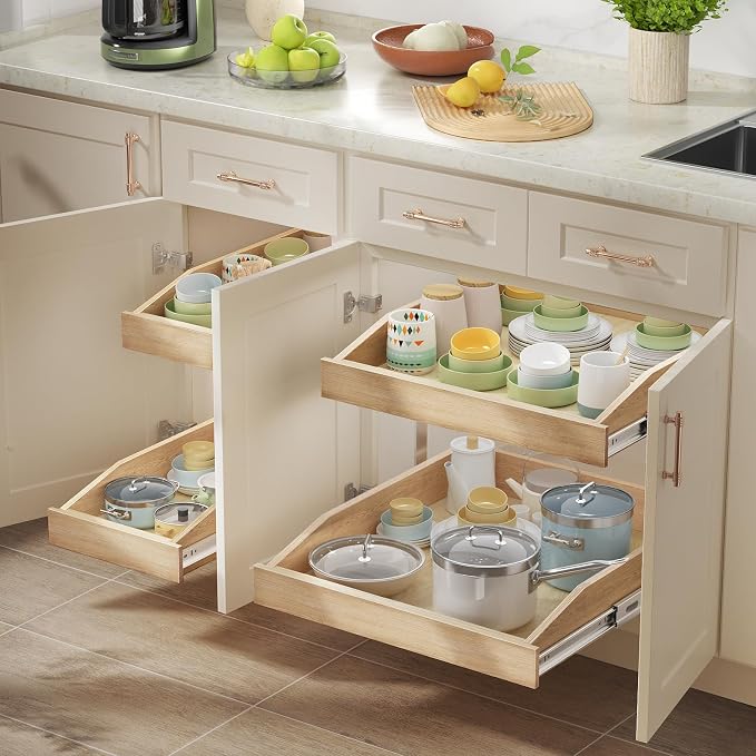LOVMOR Single Pull Out Organizer 10-1/2”W x 21”D, Soft Close Slide Out Drawer Storage Shelves for Kitchen, Wood Cabinet Shelf Pull-Out Organizer Storage for Base Cabinet