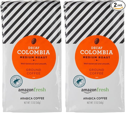 Amazon Fresh Decaf Colombia Ground Coffee, Medium Roast, 12 Ounce (Pack of 2)