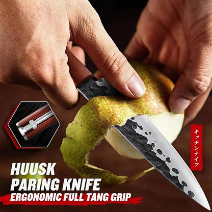 Huusk Japanese Paring Knife 5", Hand Forged Fruit Knife, High Carbon Steel Utility Kitchen Knives, Japanese Petty Chef Knives with Rosewood Handle, Small Peeling Knifes for Vegetable, Gifts Idea