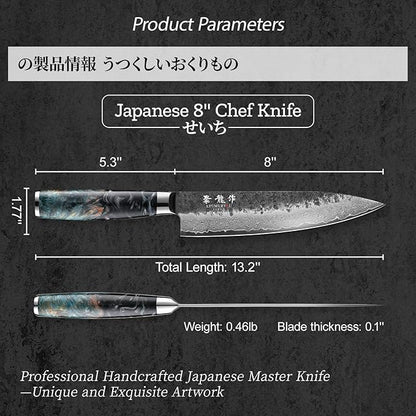 Japanese Chef Knife 8", Hand Forged 67-Layer Damascus VG10 Core Kitchen Knife for Home & Professional Chefs, Razor Sharp Chef's Knives with Leather Sheath, Premium Father Day Gift for Dad Husband