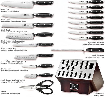 Klaus Meyer 19-Piece Knife Block Set with Sharpener, High Carbon German Stainless Steel (Stahl), Full-Tang Handles, Kitchen Knife Set (Black)