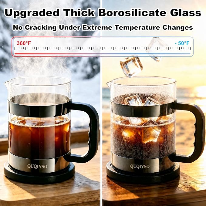QUQIYSO French Press Coffee Maker – 304 Stainless Steel Filter, 2.8mm Thick Heat-Resistant Borosilicate Glass, Easy to Clean, Large Coffee Press for Home, Office, Party, 51oz, Dark Pewter