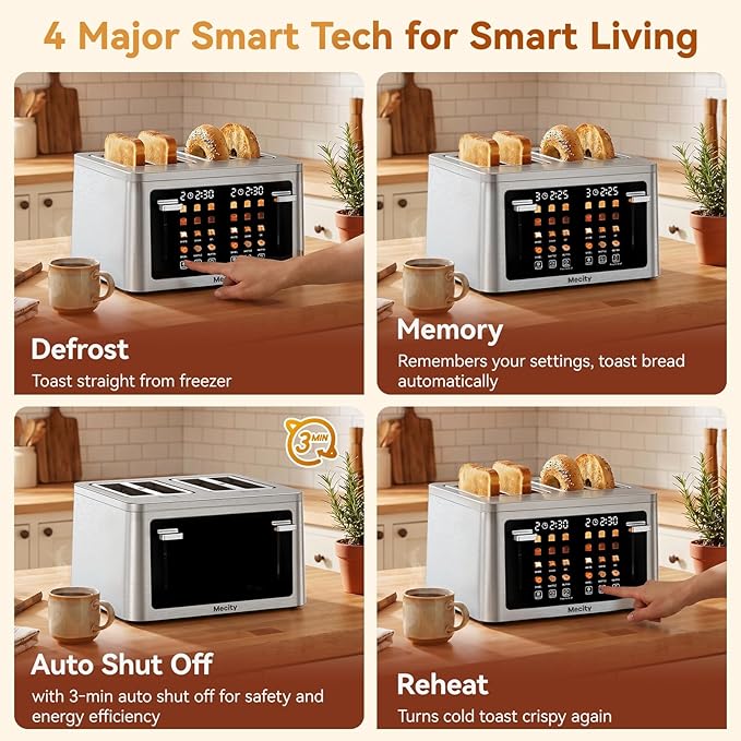 Mecity 4 Slice Touchscreen Toaster, 6 Bread Modes & 6 Browning Levels, Dual Touch Control Wide Slot Stainless Steel Electric Toaster with Memory, Defrost, 3-Min Auto Shutoff for White, Bagels, Waffles