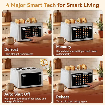 Mecity 4 Slice Touchscreen Toaster, 6 Bread Modes & 6 Browning Levels, Dual Touch Control Wide Slot Stainless Steel Electric Toaster with Memory, Defrost, 3-Min Auto Shutoff for White, Bagels, Waffles