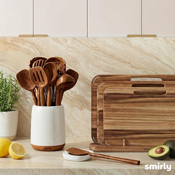 SMIRLY Wooden Spoons for Cooking - 12-Piece Premium Walnut Wood Utensil Set with Ceramic Holder & Spoon Rest, Non-Scratch Cooking Utensils Set for Nonstick Cookware, Luxury Kitchen Gift Set [Walnut]