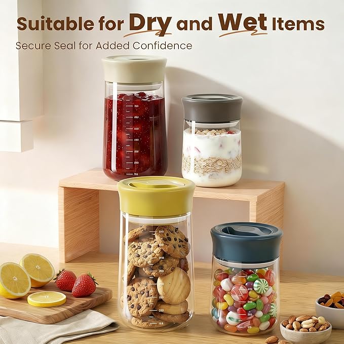 OURCABECUE Wide Mouth Mason Jar 16oz, Newly Upgraded Easy Open Rotating Lid, Food Grade Glass Storage Jar set of 2, for Overnight Oats Yogurt Snacks Candy Jars