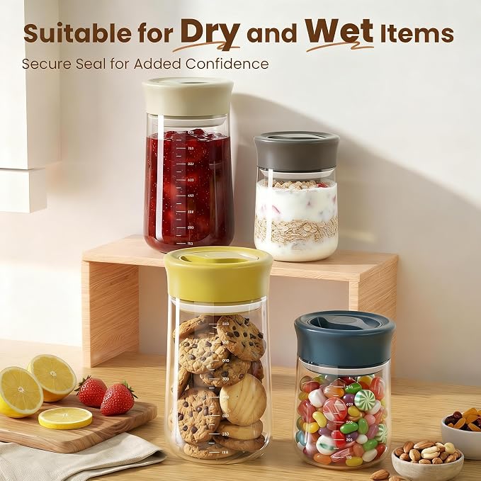 OURCABECUE Wide Mouth Mason Jar 16oz, Newly Upgraded Easy Open Rotating Lid, Food Grade Glass Storage Jar set of 2, for Meal Prep Overnight Oats Yogurt Snacks Candy Jars