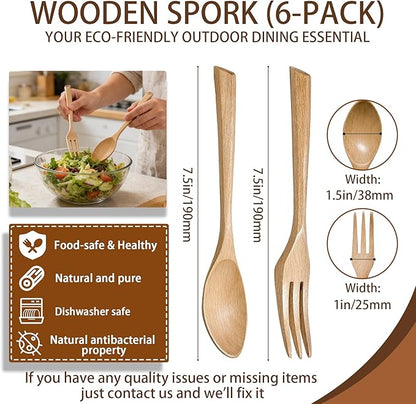 6Pcs Wood Soup Spoons And Forks Sets 7.5In Natural Wood Eating Utensils Wooden Flatware Set, Eco Friendly Wood Cutlery Wooden Dinner Fork And Spoon, 3 Spoons and 3 Forks
