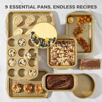 HONGBAKE 9-Piece Nonstick Bakeware Set, Wave Texture for Easy Release, 0.8mm Thick Non-Toxic Baking Pans Set, Includes Stackable Cookie Sheets, Antique Gold
