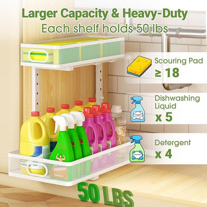 Under Sink Organizer 2-Pack, Metal 2-Tier Pull-Out Cabinet Shelf with Slide-Out Mesh Drawers, Height Adjustable, Space-Saving Under Sink Storage Racks for Kitchen, Bathroom, Laundry Room, White