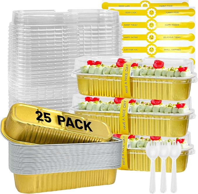 25Pack Gold Mini Cake Pans With Lids, 6.8 Oz Loaf Pans With Lids, Baking Cups Muffin Tins,Disposable Baking Pans Holders For Brownie Cake Bread