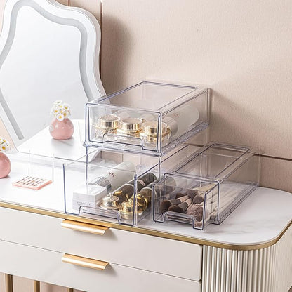 Clear Acrylic Stackable Storage Drawers, Plastic Refrigerator Organizer Bins with Handles for Undersink, Cabinet, Fridge, Closet, Pantry, Office, Bathroom, Kitchen(2 Pack)