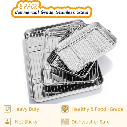 Baking Sheet Pan Set of 8, CEKEE Stainless Steel Cookie Sheets for Baking with Cooling Rack, Small/Quarter/Jelly Roll Pans, 9/10/12/16 Inch, 0.8mm Thick Heavy Duty & Non Toxic & Easy Clean
