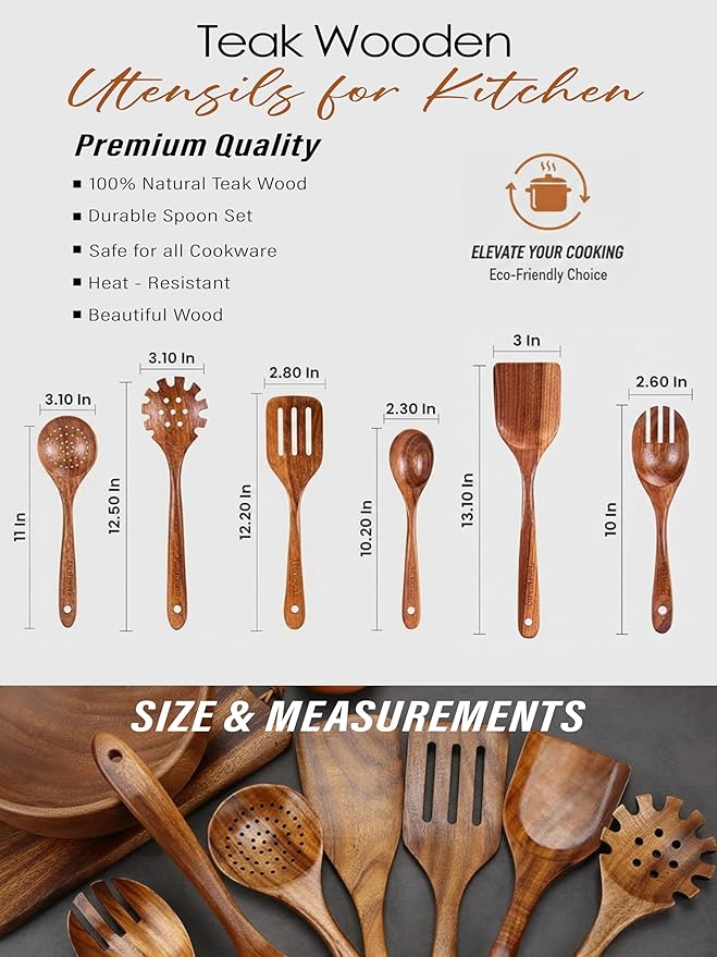 6-Piece Teak Wooden Kitchen Utensil Set – Nonstick Safe Cooking Spoons & Spatulas, Heat Resistant, Durable Natural Wood, Comfortable Grip Handles