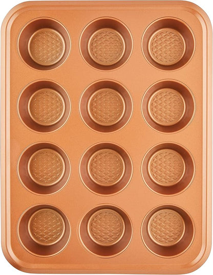 Ayesha Curry Kitchenware Nonstick Bakeware Set Includes Cookie Sheet, Loaf, Muffin Cake Pans, 5-Piece, Copper