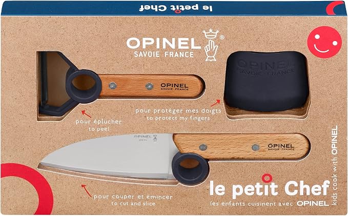 Opinel Le Petit Chef 254641 Kitchen Knife Set for Children, 3 Pieces, in Blue, Chef's Knife, Finger Guard, Peeler