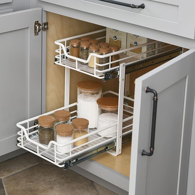 Household Essentials White Powder-Coated Steel Dual-Tier Slide Organizer with Plastic Accents