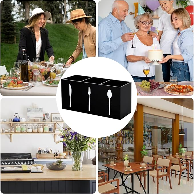 Hxezoc Black Acrylic Cutlery Storage Organizer, Plastic Silverware Caddy 3 Section Tableware Holder for Kitchen Indoor Outdoor Decoration Supplies
