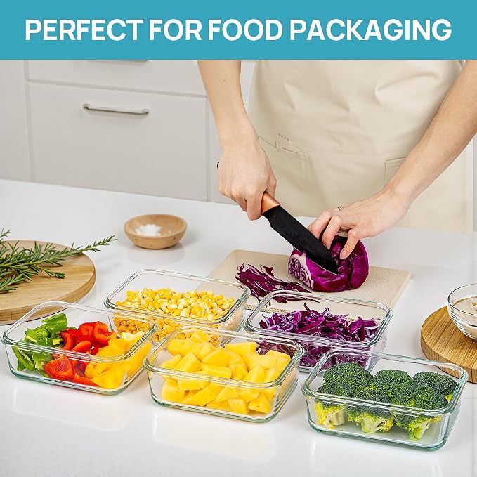 Vtopmart 5Pack 30oz Glass Storage Containers with Lids, Glass Meal Prep Food Container Sets with Snap Airtight Lid for Microwave, Oven, Freezer and Dishwasher, Grey