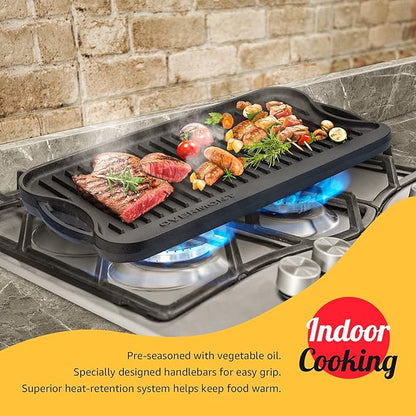 Overmont Reversible Cast Iron Grill Griddle Pan, Pre-Seasoned 17 x 9.8 Inch Dual-Sided Griddle Double Burner Cookware with Handles for Gas Grill, Stovetop, Oven, Campfire, Scrapers Included