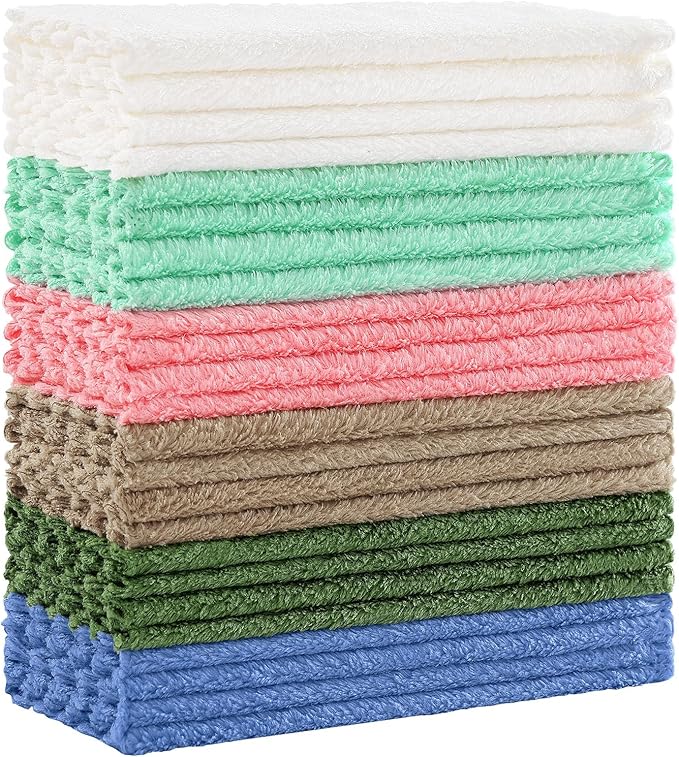 Kitinjoy 24 Pack Kitchen Dish Cloths, Super Soft and Absorbent Dish Cloths, Coral Velvet Microfiber Cleaning Cloth (7" x 9", Tan/Sky Blue/Pink/Grass Green/Green/White)
