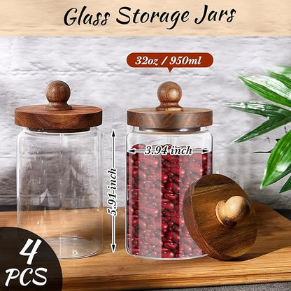 Gerrii 4 Pcs 32 oz Glass Food Storage Jar with Acacia Wood Lids Airtight Sealed Clear Glass Canisters Air Tight Glass Container Jar for Coffee Beans Nuts Loose Leaf Tea Sugar Spice Candy Rice Pasta