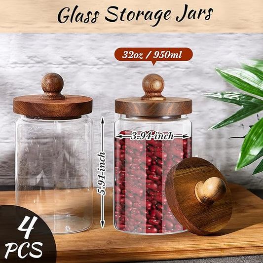 Gerrii 4 Pcs 32 oz Glass Food Storage Jar with Acacia Wood Lids Airtight Sealed Clear Glass Canisters Air Tight Glass Container Jar for Coffee Beans Nuts Loose Leaf Tea Sugar Spice Candy Rice Pasta