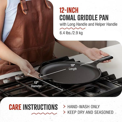 Victoria 12-Inch Cast Iron Comal Pizza Pan with a Long Handle and a Loop Handle, Preseasoned with Flaxseed Oil, Made in Colombia