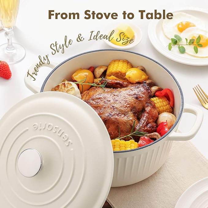 SENSARTE Enameled Cast Iron Dutch Oven Pot with Lid 3.5/5.5/6.5 Quart Heavy-Duty Round Dual Handles Kitchen Pot with Cotton Potholders & Silicone Trivet, Pot for Bread Baking, Stews, Braising, Roasting, Oven Safe, 6.5 Quart, White
