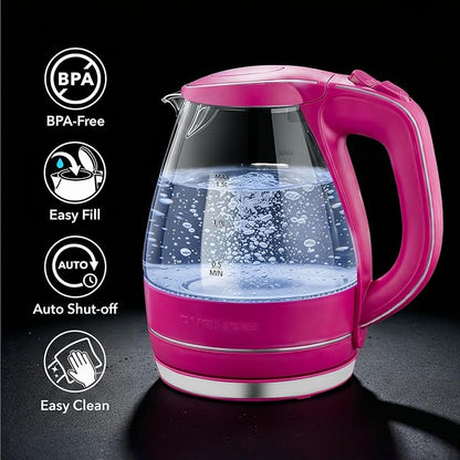 OVENTE Electric Kettle, 1.5L Borosilicate Glass Countertop Water Heater and Boiler for Coffee or Tea, BPA-Free, Auto Shut-Off, Boil-Dry Protection, Removable and Washable Spout Filter, Pink KG83F