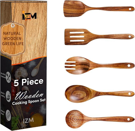 5 Pieces wooden utensil set premium cooking spoons wood cooking utensils teak wooden utensils set wood cooking utensils (5 Pieces set)