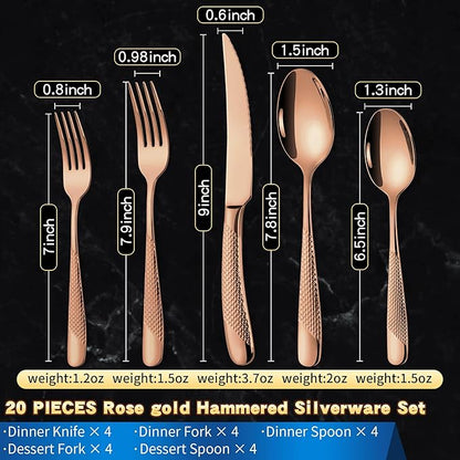 Lemeya 20-Piece Hammered Rose gold Silverware Set for 4,18/10 Stainless Steel Flatware Set with Serrated Forged Knives,Heavy Duty Cutlery Set for Home & Party,Mirror Polished, Dishwasher Safe