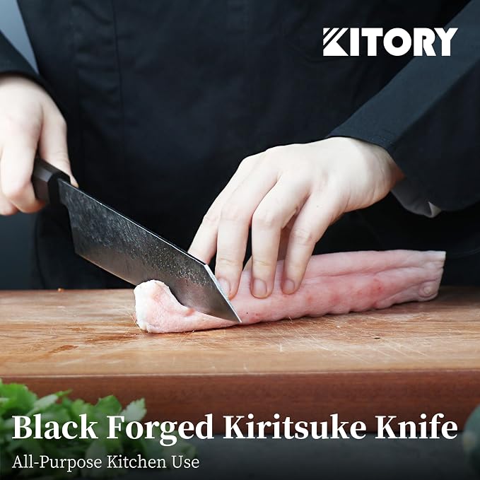 Kitory 8'' Kiritsuke Chef Knife, Lightweight Japanese Kitchen Knife with Octagonal Ebony Wood Handle, Black Stonewashed High-Carbon Stainless Steel Blade, Anti-Rust and Durable Sharp Cooking Knife