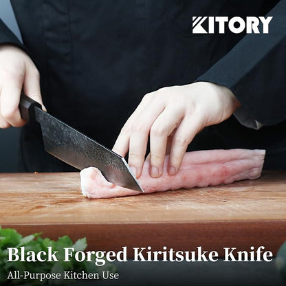 Kitory 8'' Kiritsuke Chef Knife, Lightweight Japanese Kitchen Knife with Octagonal Ebony Wood Handle, Black Stonewashed High-Carbon Stainless Steel Blade, Anti-Rust and Durable Sharp Cooking Knife