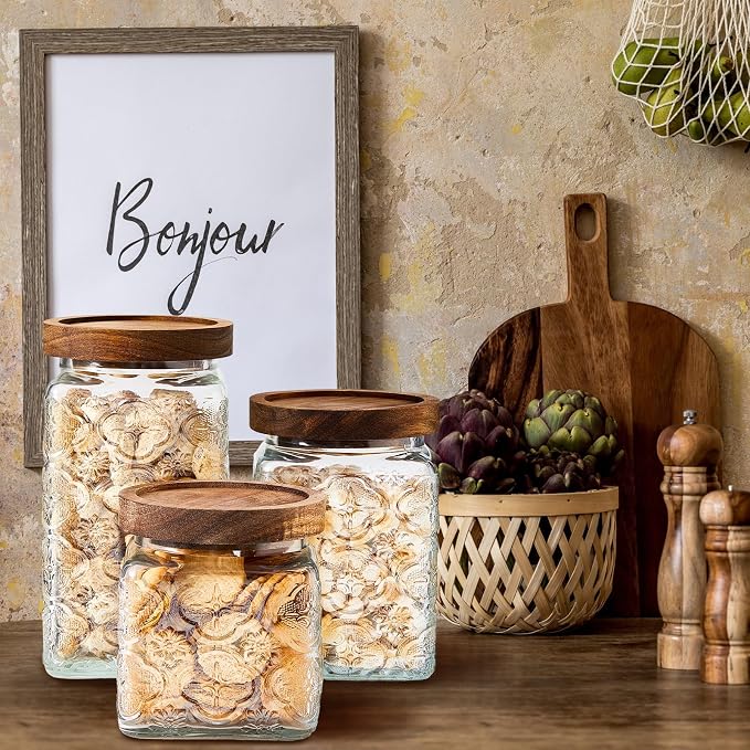 Gerrii Clear Begonia Square 5 Pcs Vintage Glass Food Storage Containers 17/24/34 oz Glass Jar with Lid Airtight Candy Food Canisters for Kitchen Counter Pantry Coffee Beans