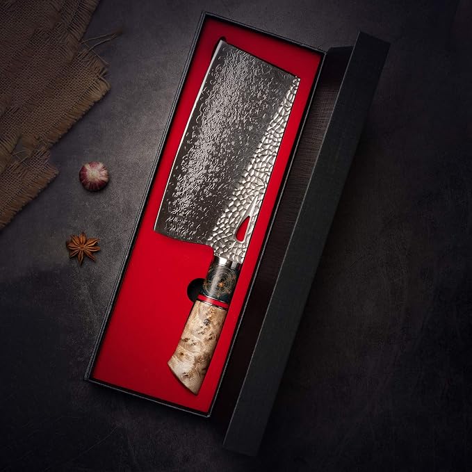 Damascus Kitchen Chinese Cleaver,7.5in Professional Handmade Chopping Chopper Knives with Burl Stabilized Wood Handle for Meat and Vegetable in Home&Restaurant